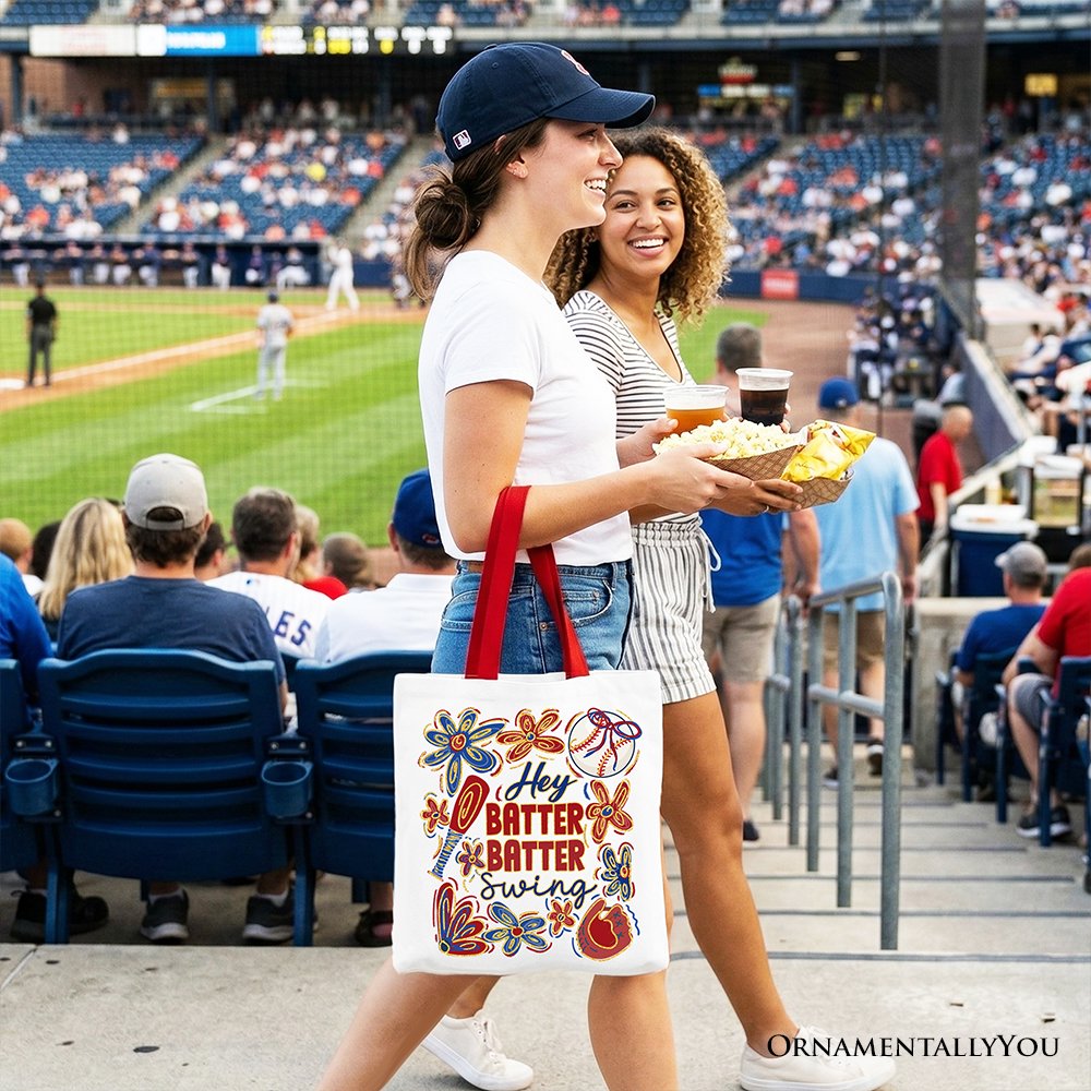 Hey Batter Batter Swing Tote Bag, Retro White and Natural Baseball Gift Shopper - Shaketea