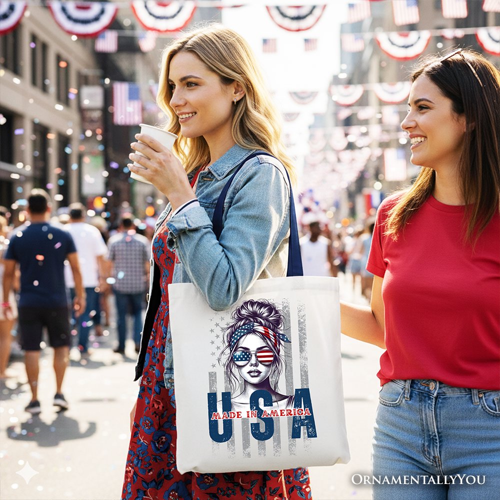 Made in America Messy Bun Tote Bag, Retro 4th of July White Patriotic Gift Shopper - Shaketea