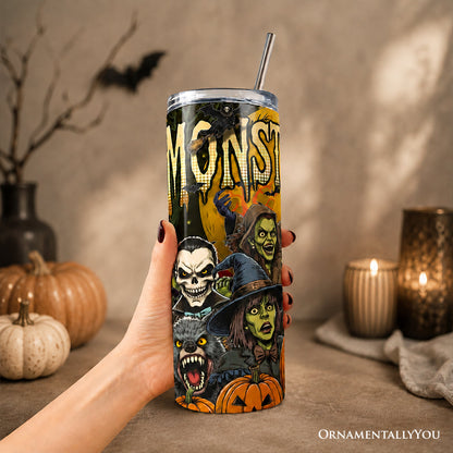 Monster Mash Horror 20oz Personalized Tumbler With Lid and Stainless Steel Straw, Retro Halloween Gift Cup