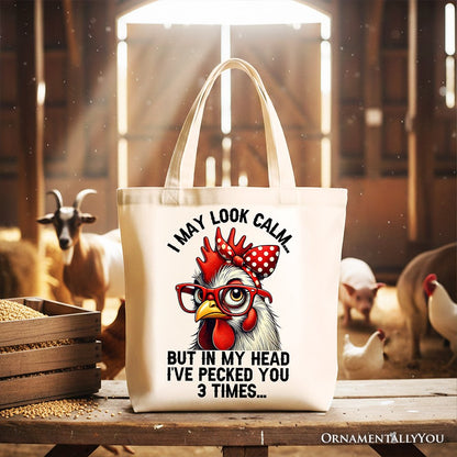 Pecking Chicken Tote Bag, Red Glasses and Bow White Gift Shopper for Sassy Women - Shaketea