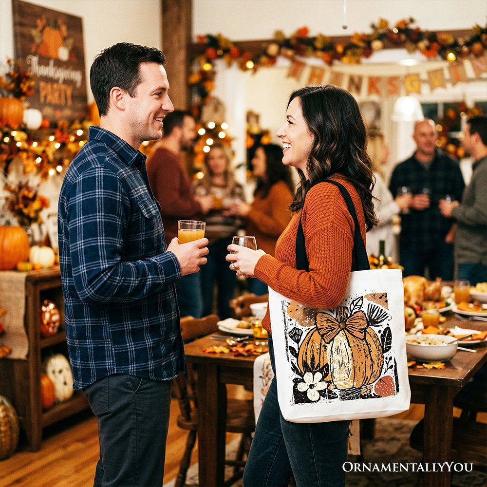 Pumpkin Fall Floral Tote Bag, Thanksgiving Coquette Bow Gift Shopper - Shaketea