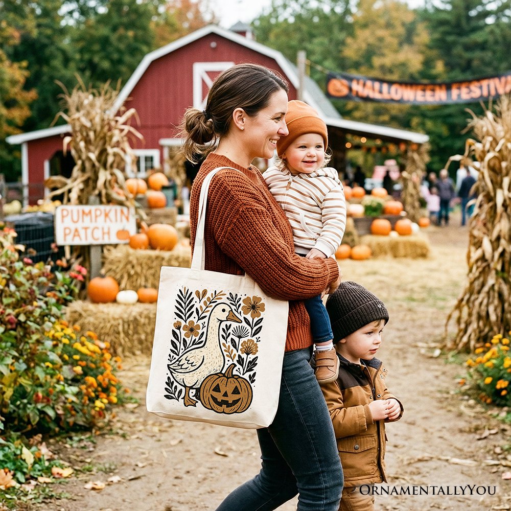 Boho Goose Halloween Pumpkin Tote Bag, Spooky Fall Floral Gift Shopper - Shaketea