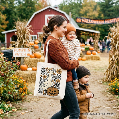 Boho Goose Halloween Pumpkin Tote Bag, Spooky Fall Floral Gift Shopper - Shaketea
