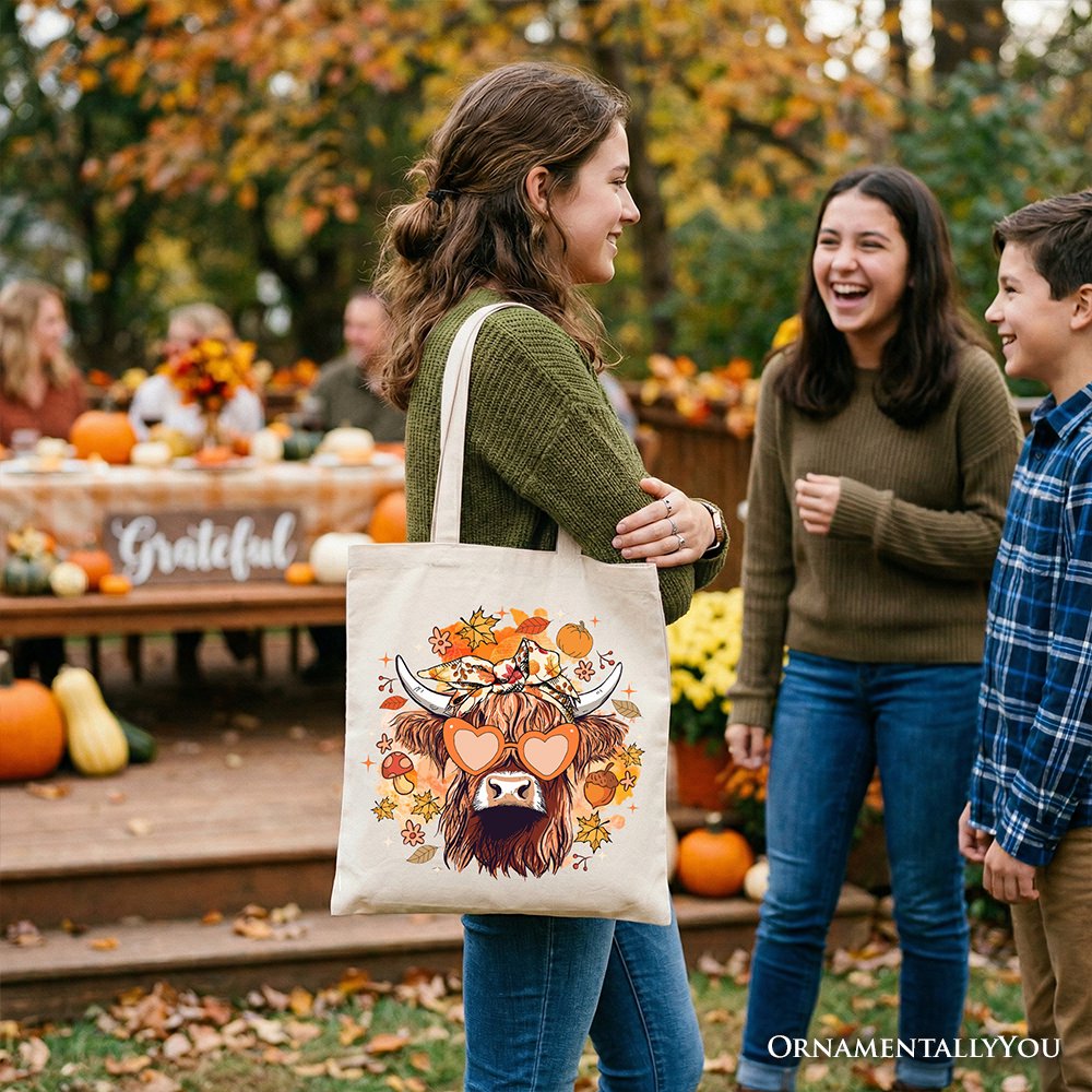 Fall Highland Cow Tote Bag, Messy Bun Howdy Gift Shopper with Autumn Vibes - Shaketea