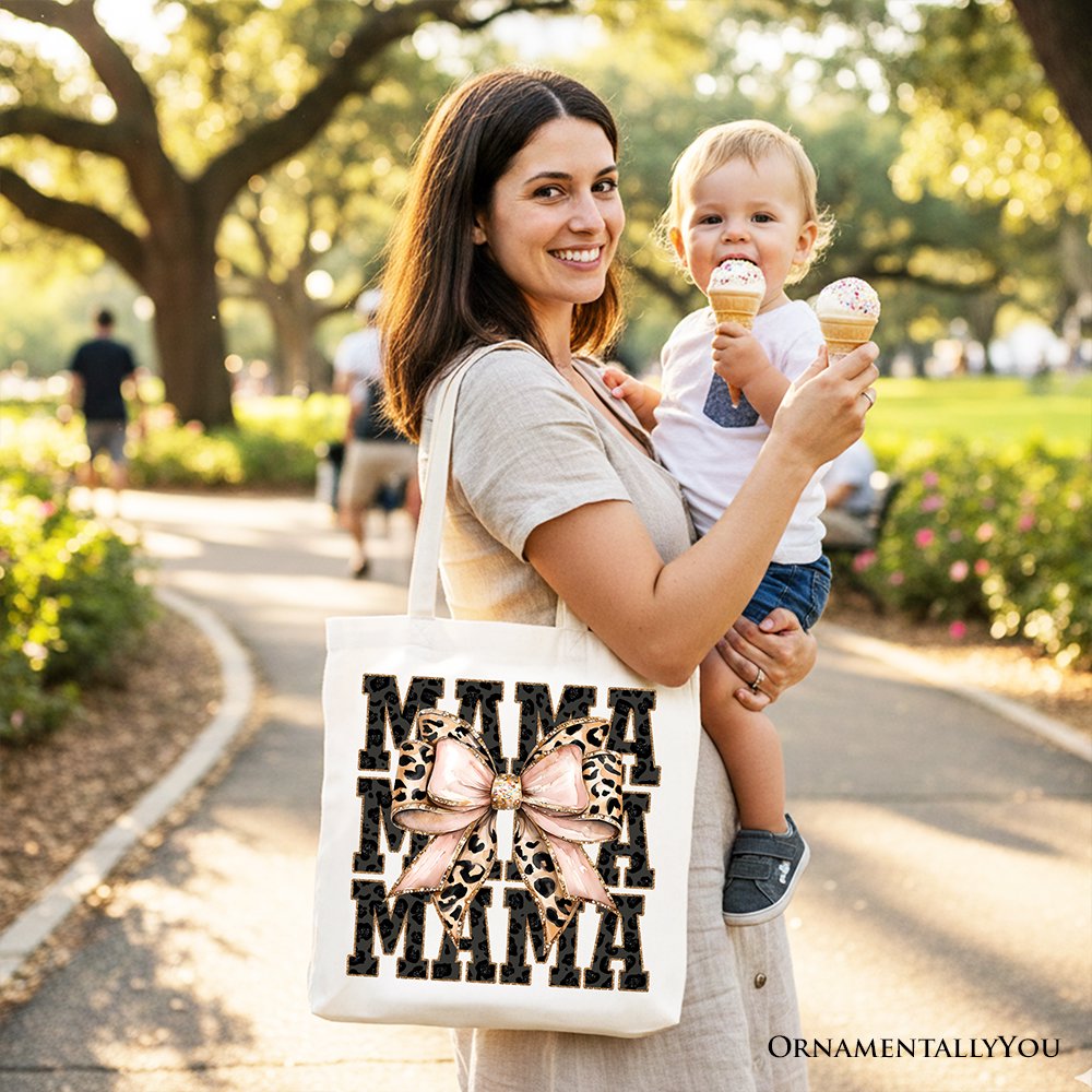 Glitter Leopard Mama Tote Bag, Coquette Bow Gift Shopper for Glam and Trendy Mothers - Shaketea
