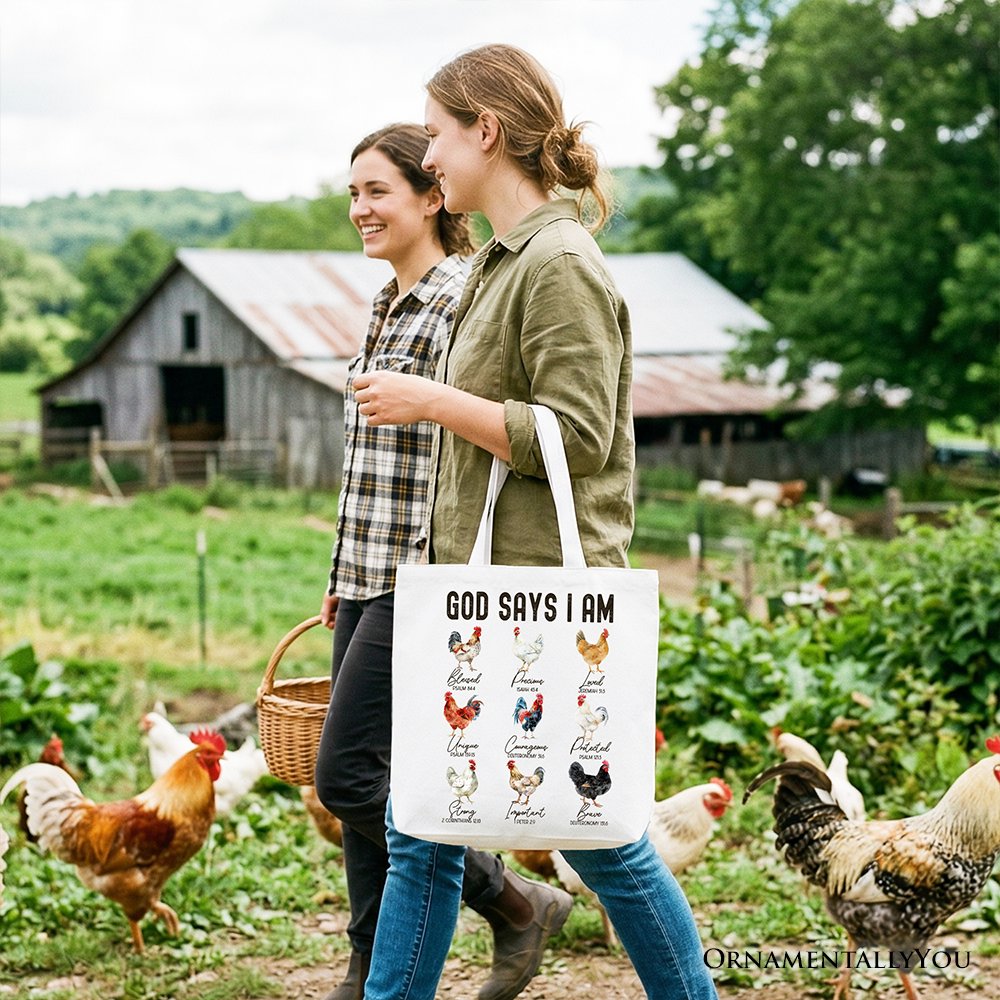 God Says I Am Christian Tote Bag, Rooster and Chicken Gift Shopper for Farm Style Lovers - Shaketea