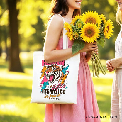 Heaven Lifts its Voice in Praise Christian Tote Bag, Tiger Psalm 191 Bible Verse Gift Shopper - Shaketea