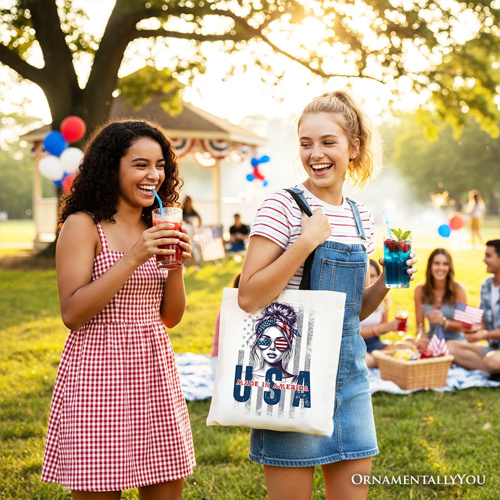 Made in America Messy Bun Tote Bag, Retro 4th of July White Patriotic Gift Shopper - Shaketea