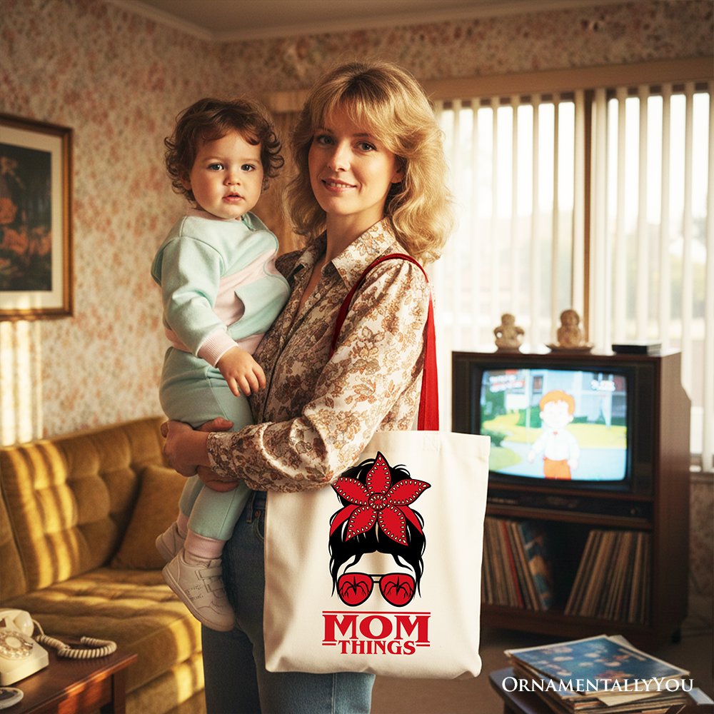 Mom Things Messy Bun Retro Canvas Tote Bag, Red Bandana Glasses Family Matching Gift Shopper