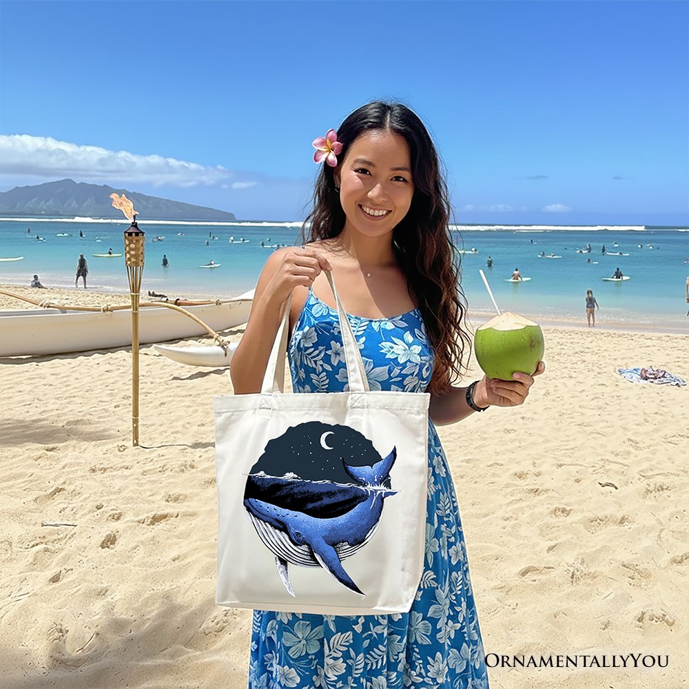 Moonlit Whale Vintage Tote Bag, Night Ocean Retro Gift Shopper