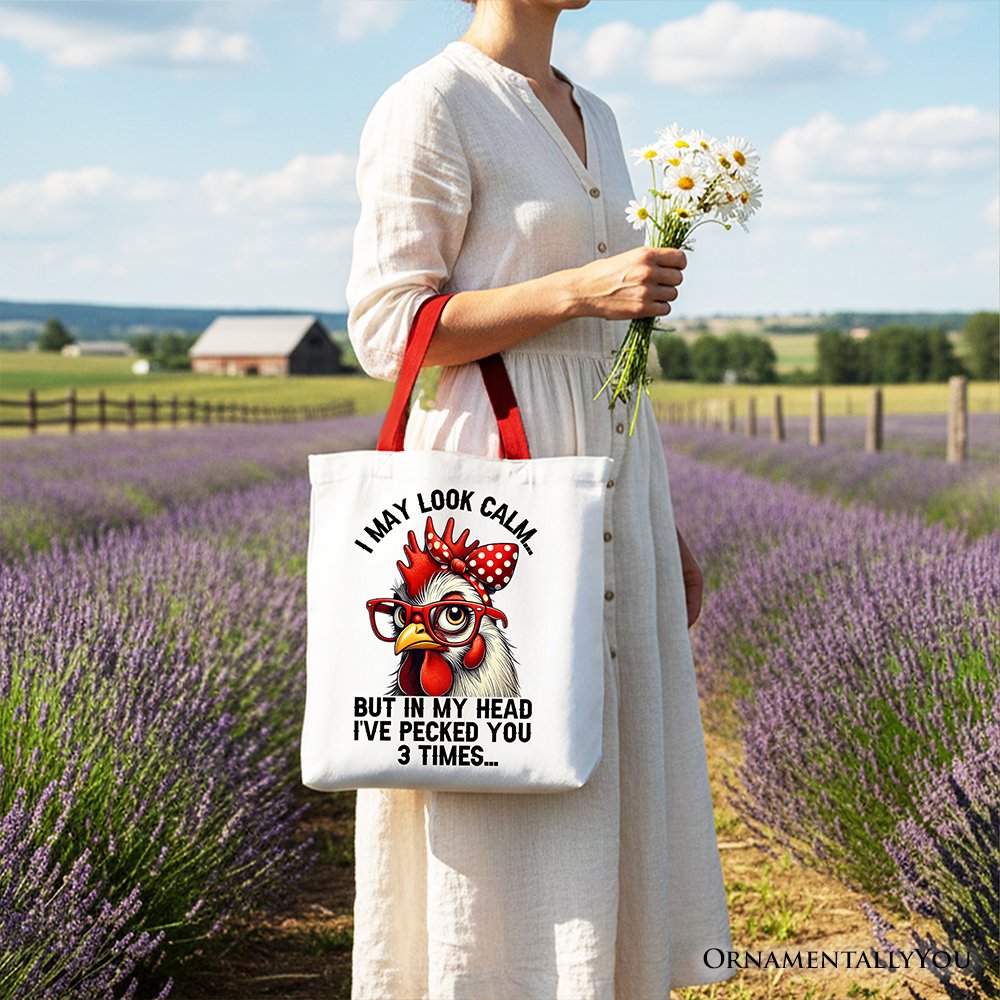 Pecking Chicken Tote Bag, Red Glasses and Bow White Gift Shopper for Sassy Women - Shaketea