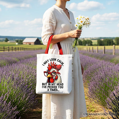 Pecking Chicken Tote Bag, Red Glasses and Bow White Gift Shopper for Sassy Women - Shaketea