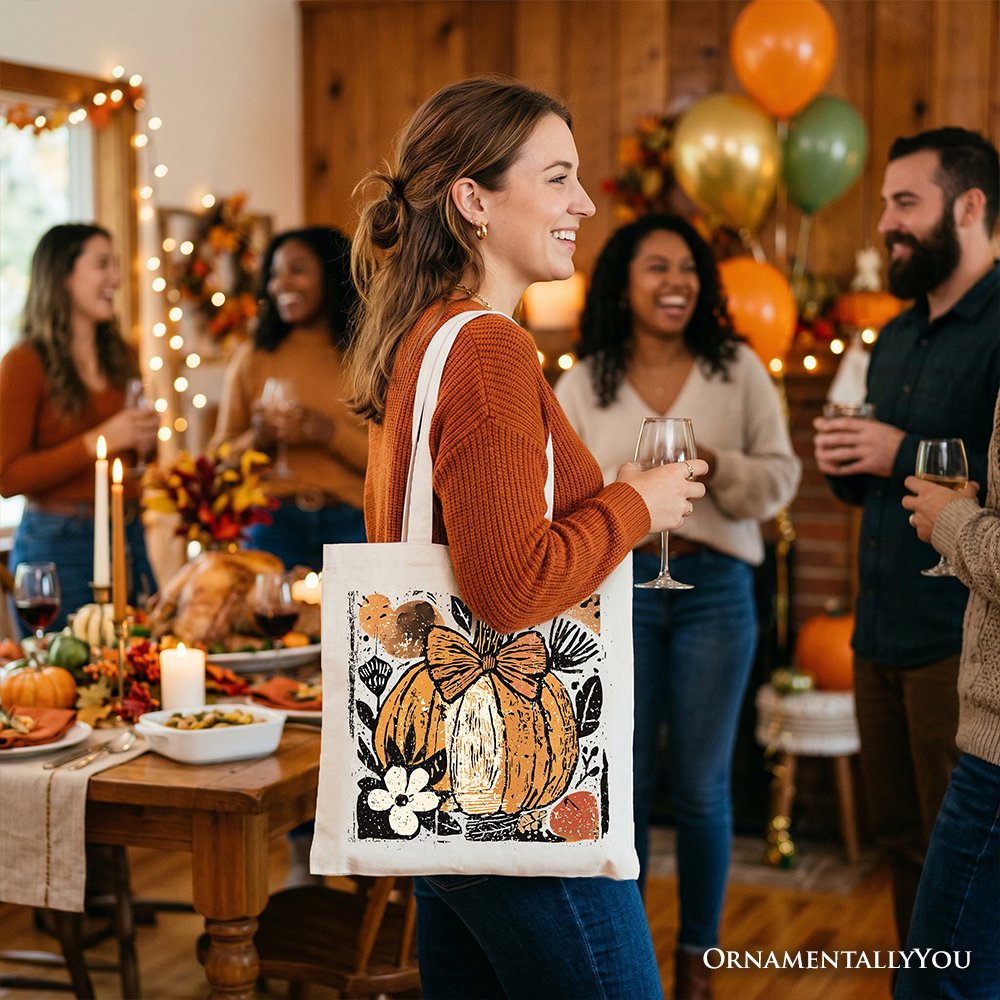 Pumpkin Fall Floral Tote Bag, Thanksgiving Coquette Bow Gift Shopper - Shaketea