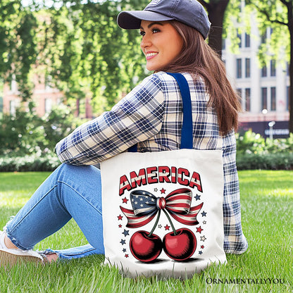 America Coquette Cherries Tote Bag, Patriotic 4th of July Gift Shopper - Shaketea