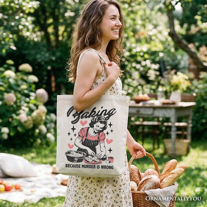 Baking Because Murder Is Wrong Anti-Valentine Tote Bag, Funny Retro Kitchen Gift Shopper - Shaketea
