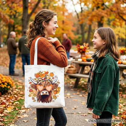 Fall Highland Cow Tote Bag, Messy Bun Howdy Gift Shopper with Autumn Vibes - Shaketea