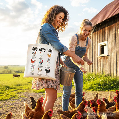God Says I Am Christian Tote Bag, Rooster and Chicken Gift Shopper for Farm Style Lovers - Shaketea
