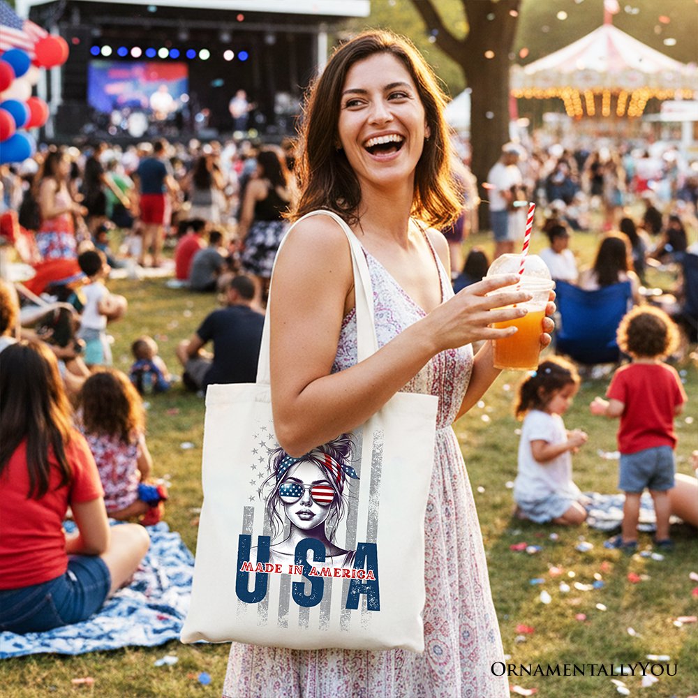 Made in America Messy Bun Tote Bag, Retro 4th of July White Patriotic Gift Shopper - Shaketea
