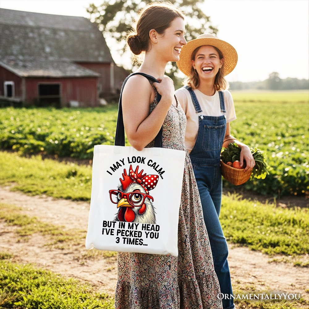 Pecking Chicken Tote Bag, Red Glasses and Bow White Gift Shopper for Sassy Women - Shaketea