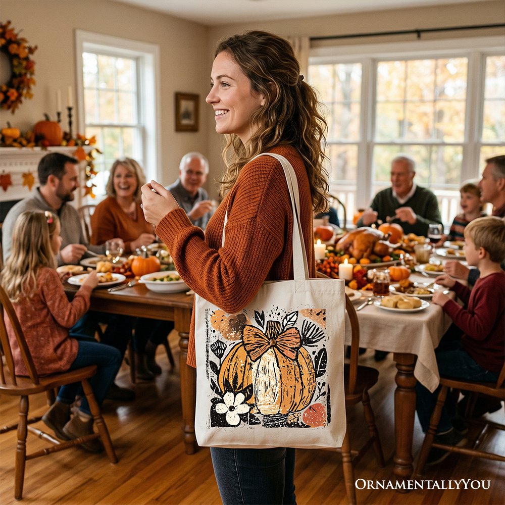 Pumpkin Fall Floral Tote Bag, Thanksgiving Coquette Bow Gift Shopper - Shaketea
