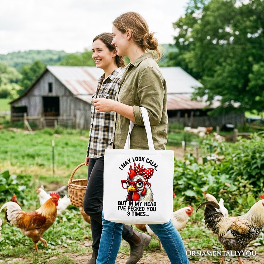 Pecking Chicken Tote Bag, Red Glasses and Bow White Gift Shopper for Sassy Women - Shaketea