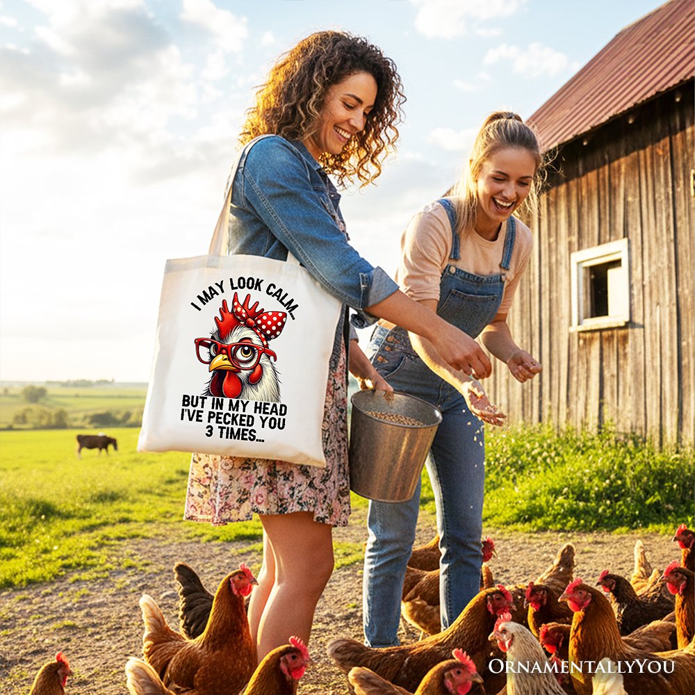 Pecking Chicken Tote Bag, Red Glasses and Bow White Gift Shopper for Sassy Women - Shaketea