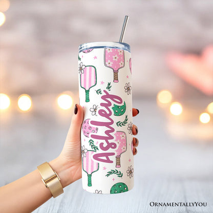 Sporty Coquette Pink Retro Pickleball 20oz Personalized Tumbler With Lid and Stainless Steel Straw, Valentine Travel Mug Gift