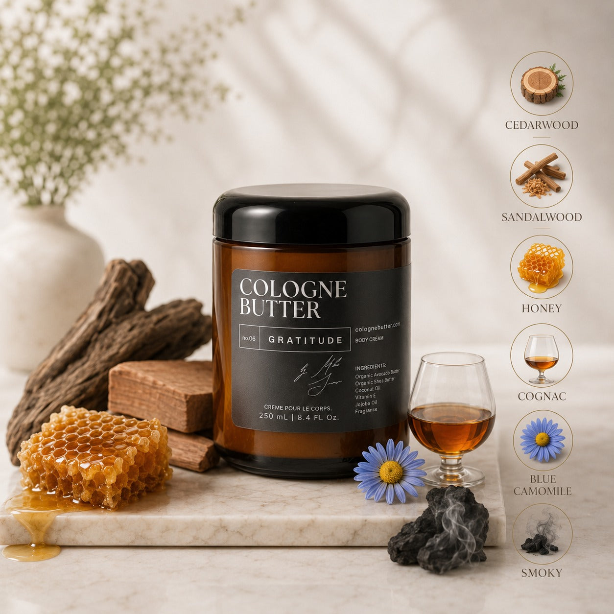 GRATITUDE – Luxury Fragrance Body Butter | Honey, Smoky Cedarwood & Sandalwood Cologne Scent Moisturizing Skin Butter | Cologne Butter