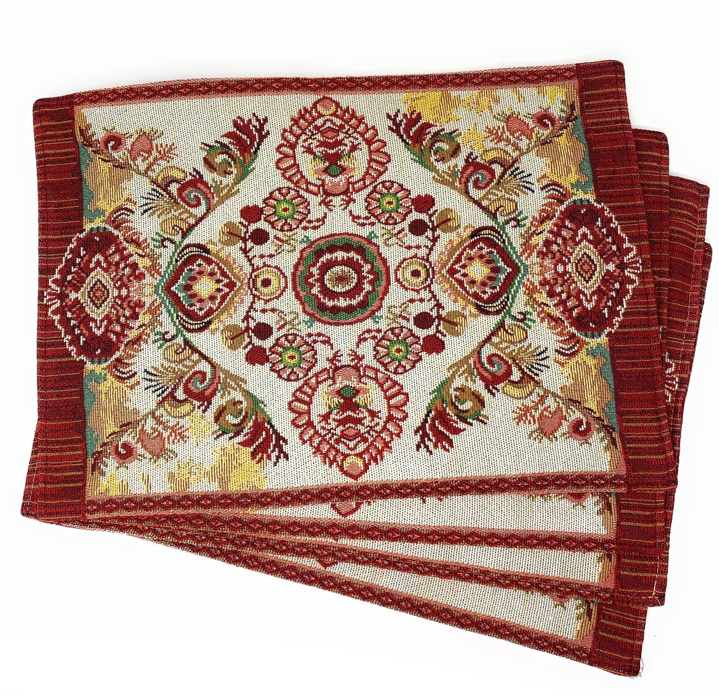 Tache Burgundy Ornate Paisley Woven Tapestry Placemats - Eclectic Modern Dining Set (18194)