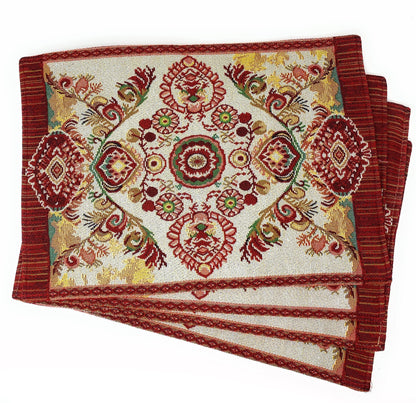 Tache Burgundy Ornate Paisley Woven Tapestry Placemats - Eclectic Modern Dining Set (18194)