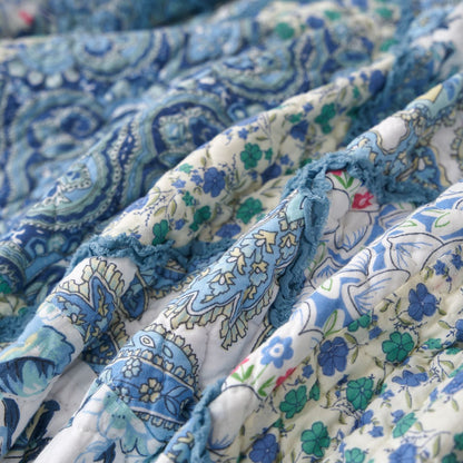 Tache Petal Dance White Blue Floral Vintage Garden Scalloped Cotton Patchwork Quilted Throw Blanket (JHW-646)