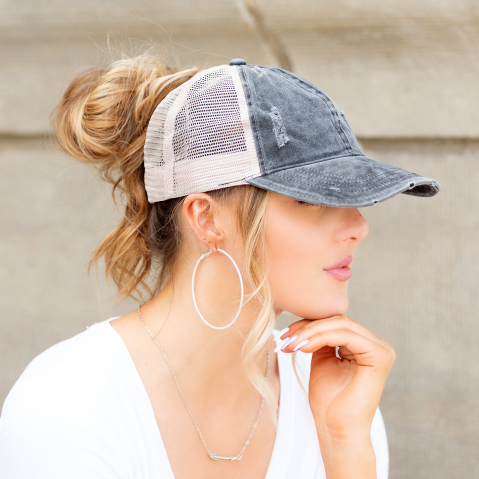 Distressed Messy Bun Caps | Adjustable