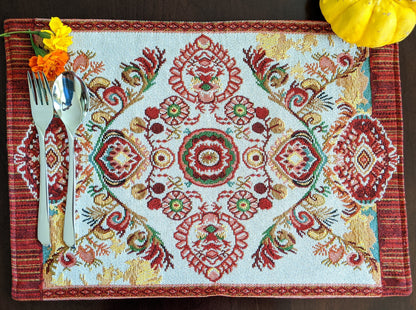 Tache Burgundy Ornate Paisley Woven Tapestry Placemats - Eclectic Modern Dining Set (18194)