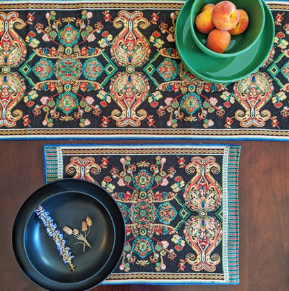 Tache Elegant Black Ornate Paisley Woven Tapestry Placemat Set (18192)