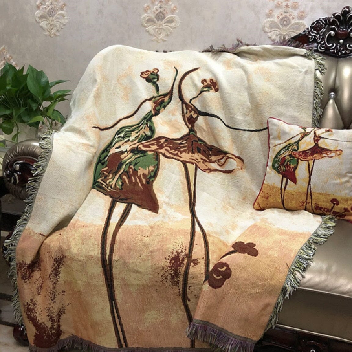 Tache Abstract Ballerina Art Golden Beige Woven Tapestry Throw Pillow Cover (18110)