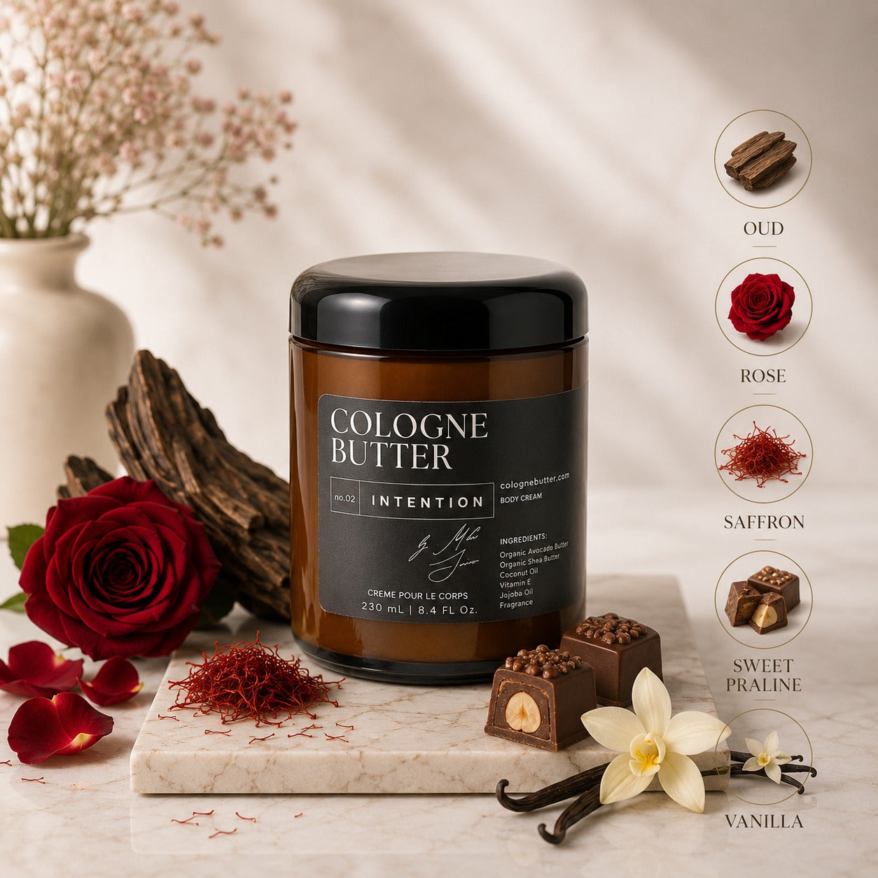 INTENTION – Luxury Fragrance Body Butter | Oud, Rose & Vanilla Cologne Scent Moisturizing Skin Butter | Cologne Butter
