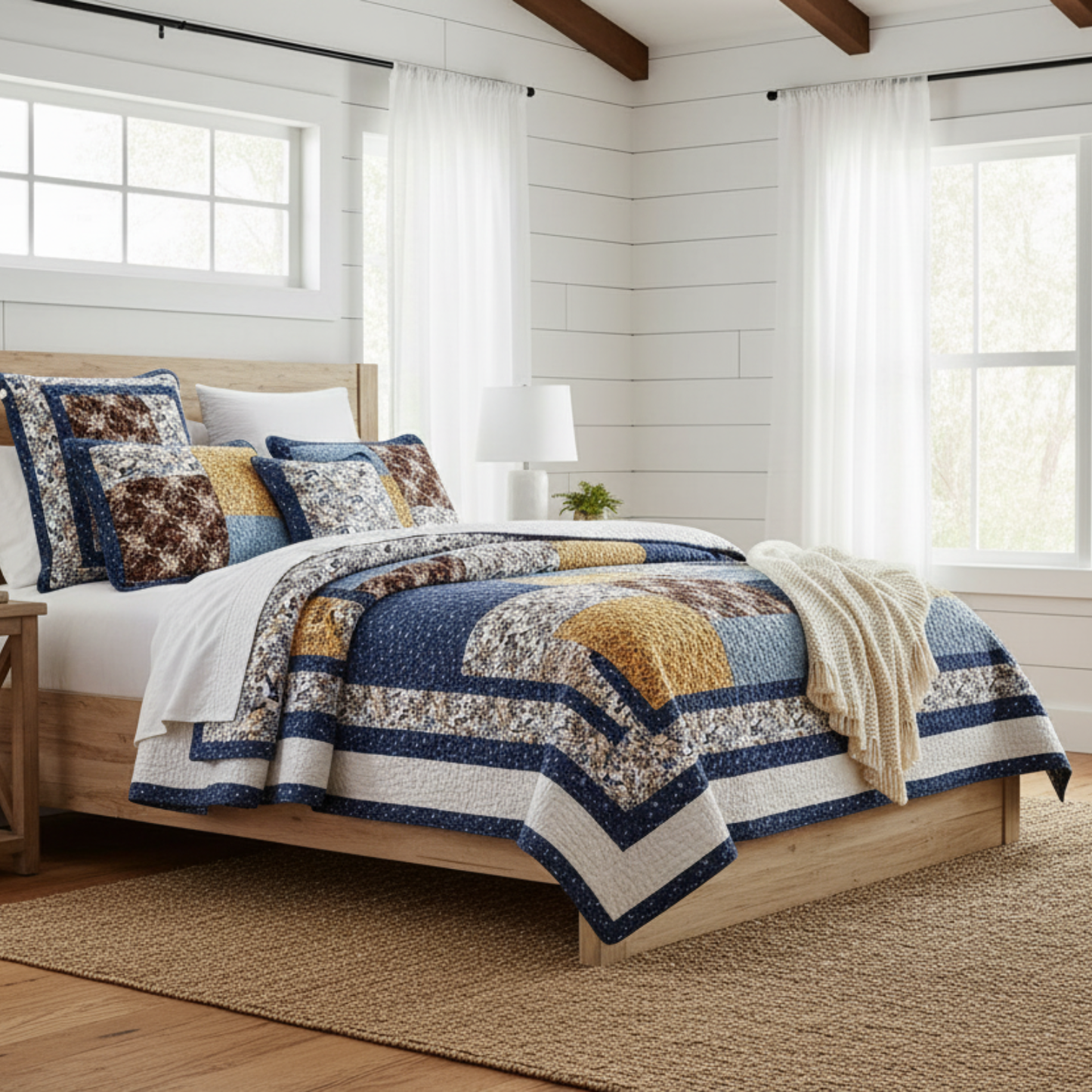 Tache Prairie Sunset White Blue Yellow Brown Floral Cotton Patchwork Quilt Set (JHW-887)