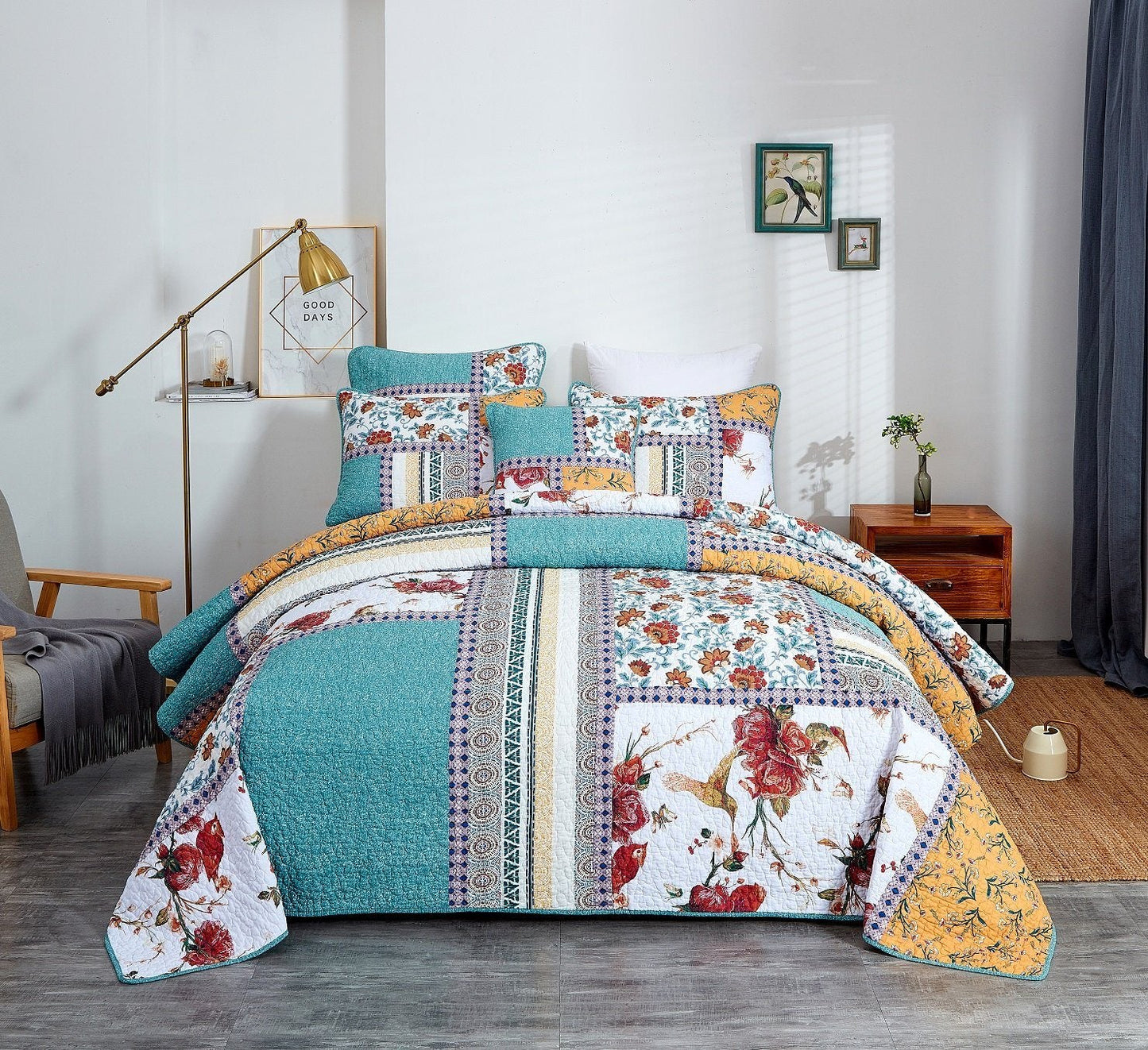 Tache Old World Garden Pastel Blue Yellow Red Hummingbirds Cotton Patchwork Quilt Set (JHW-936)