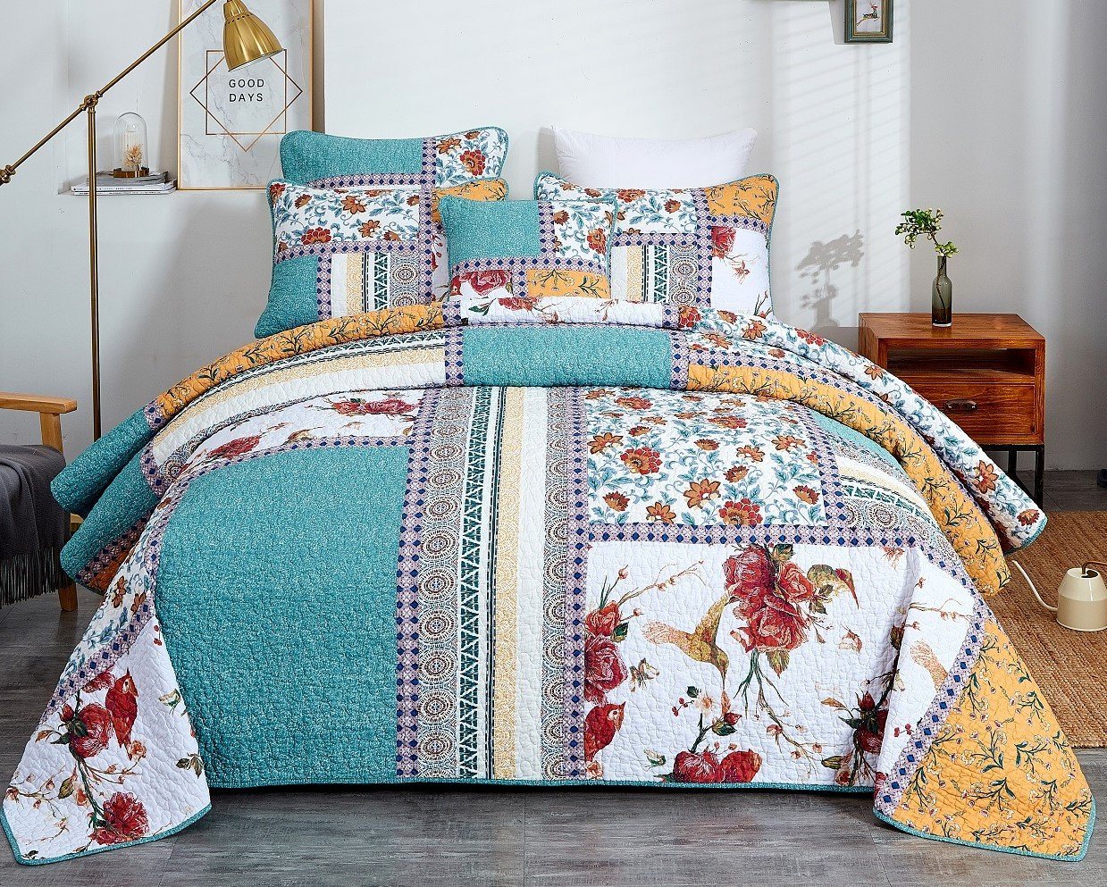 Tache Old World Garden Pastel Blue Yellow Red Hummingbirds Cotton Patchwork Quilt Set (JHW-936)