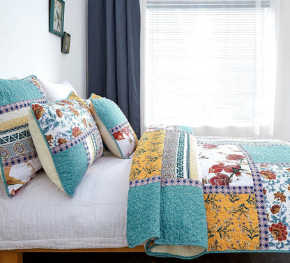 Tache Old World Garden Pastel Blue Yellow Red Hummingbirds Cotton Patchwork Quilt Set (JHW-936)