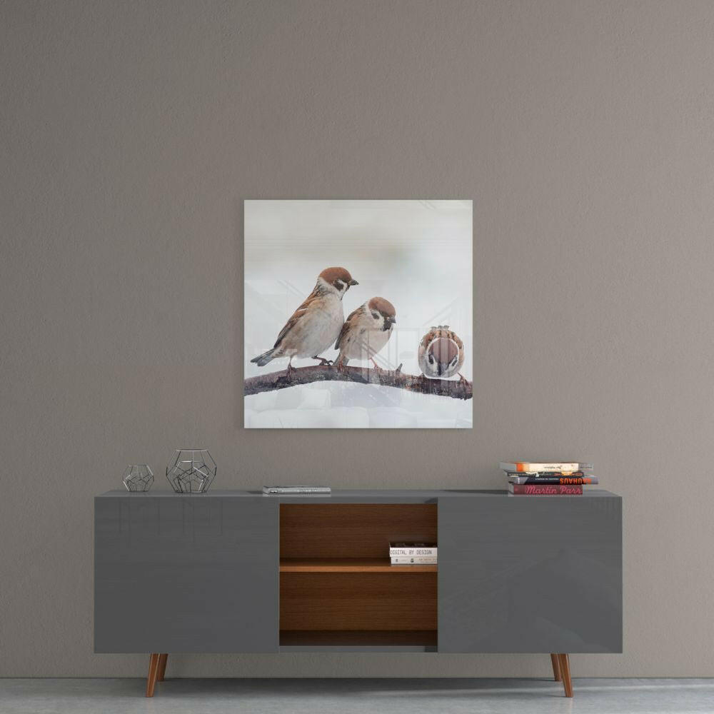 Three Sparrows On Snowy Branch Glass Wall Art