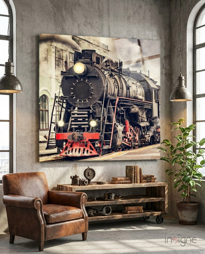 Vintage Black Steam Locomotive Front Glass Wall Art