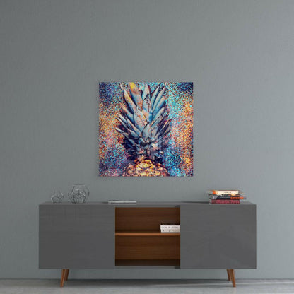 Glitter Splash Metallic Blue Pineapple Glass Wall Art