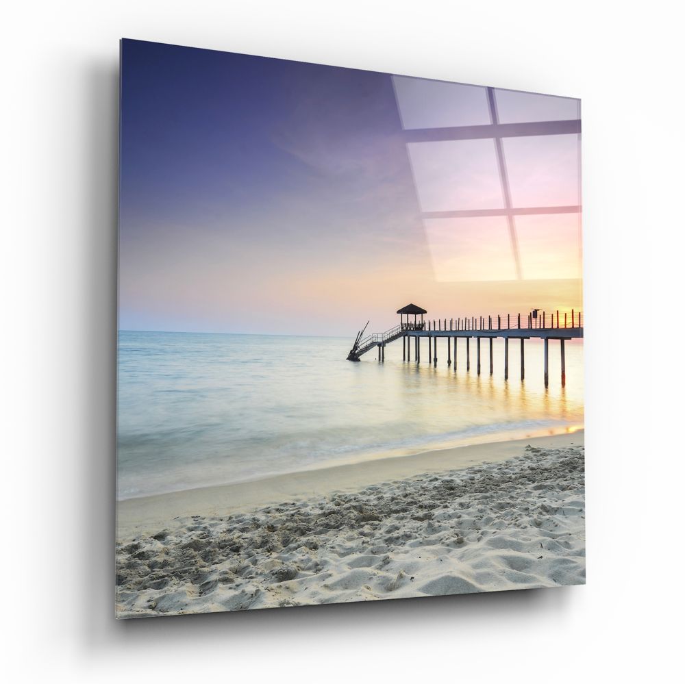 Colorful Sunset Beach Boardwalk Pier Glass Wall Art