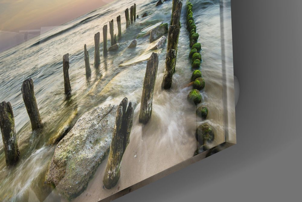 Mossy Sea Groynes Dock Glass Wall Art