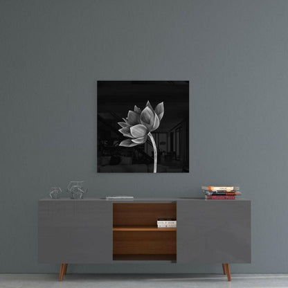 Black And White Tilted Lotus Floral Glass Wall Art