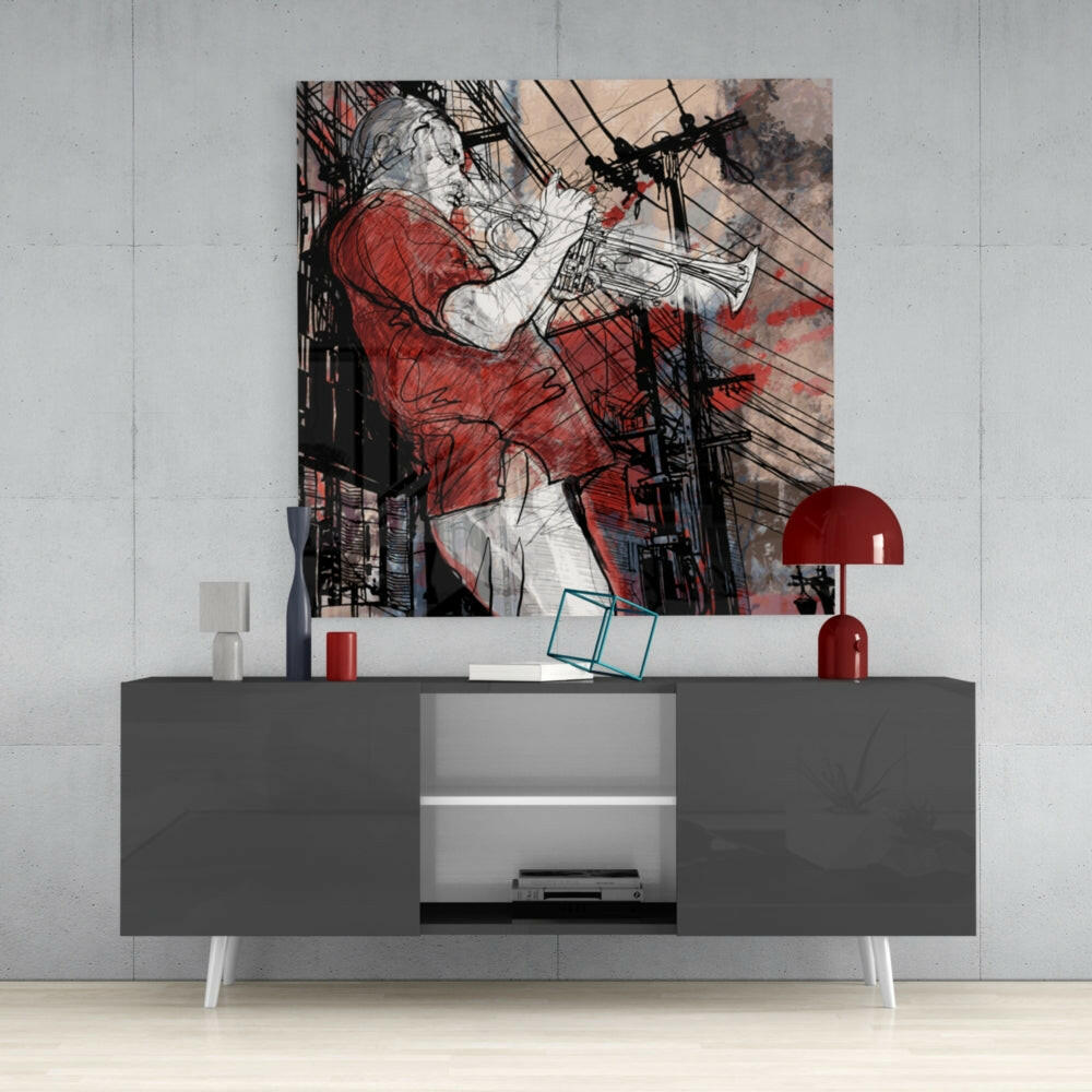 Red Sketch Street Trumpet Player Glass Wall Art