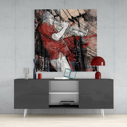 Red Sketch Street Trumpet Player Glass Wall Art