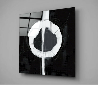 White Enso Ring on Black Glass Wall Art