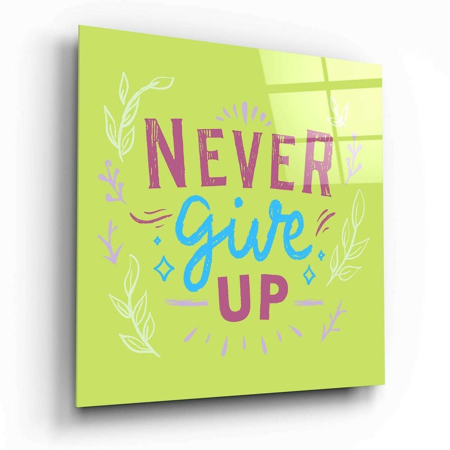 Never Give Up Lime Green Leaves Glass Wall Art